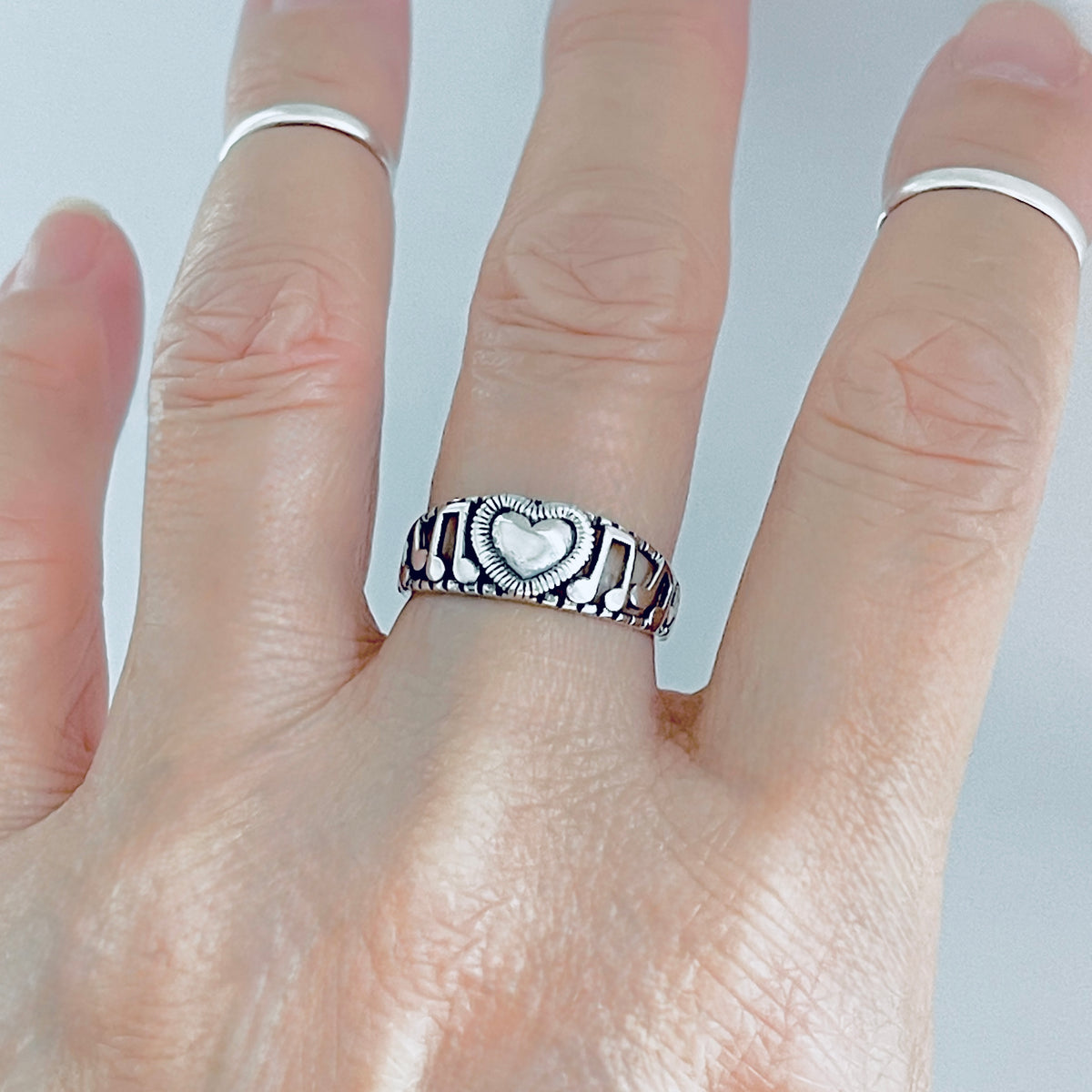 Sterling Silver Heart Music Note Ring, Musical Clef Notes Song Writer Silver Rings