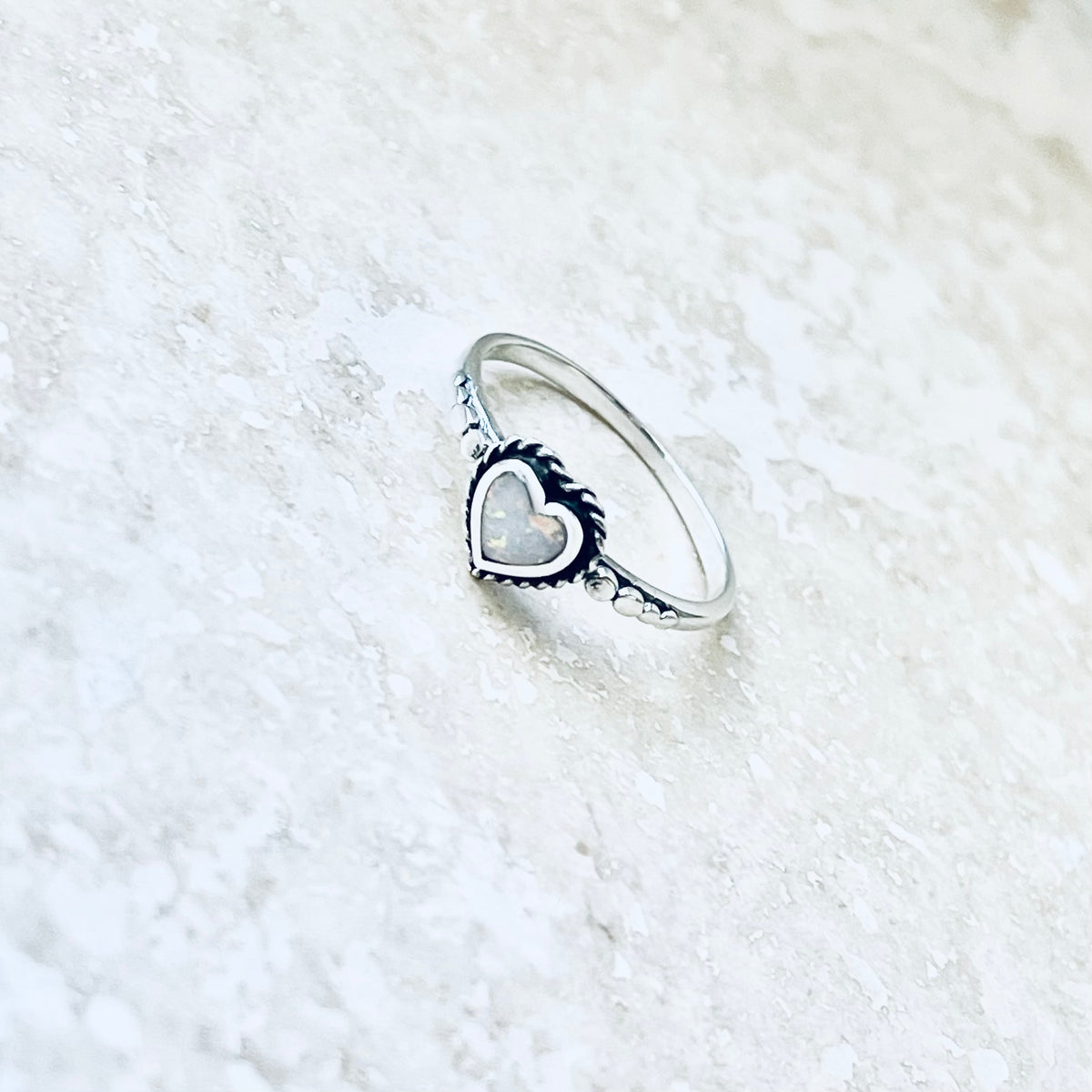 Sterling Silver Small White Lab Opal Heart Ring – Dainty October Birthstone Silver Rings