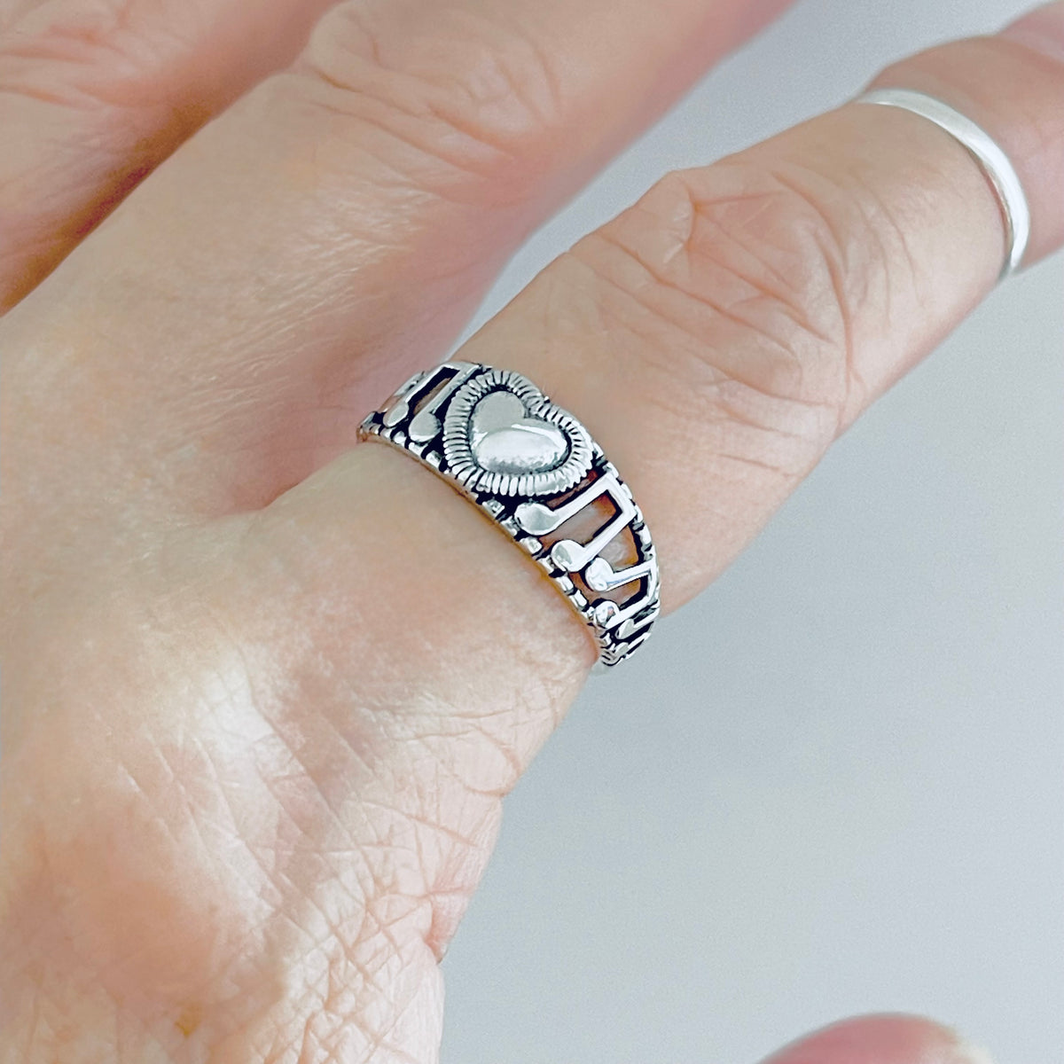 Sterling Silver Heart Music Note Ring, Musical Clef Notes Song Writer Silver Rings