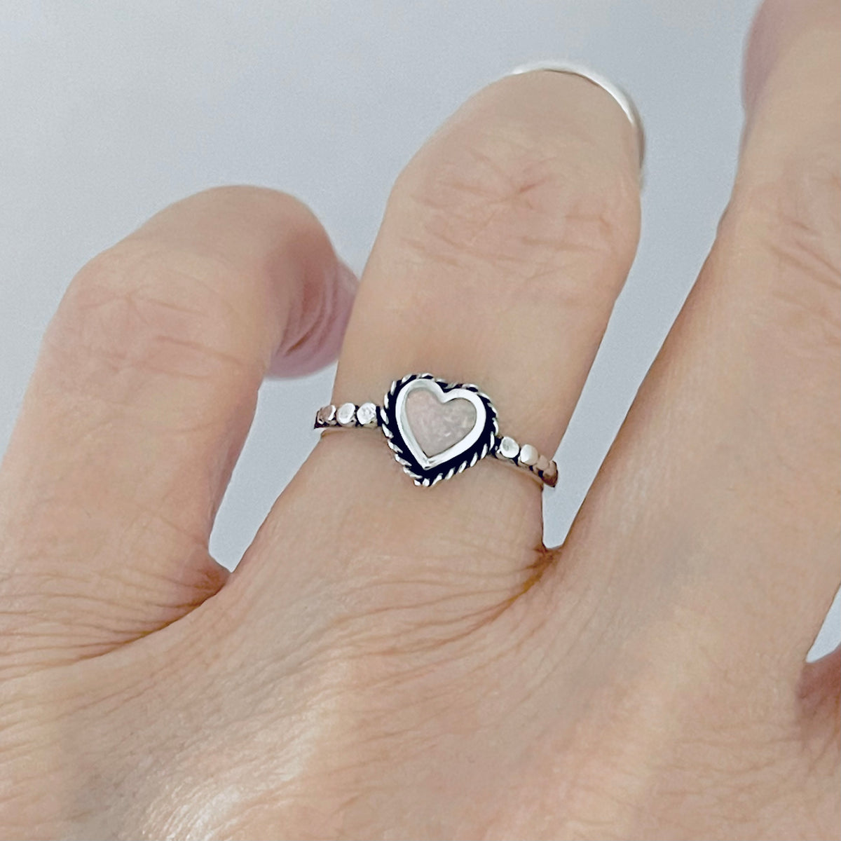 Sterling Silver Small White Lab Opal Heart Ring – Dainty October Birthstone Silver Rings