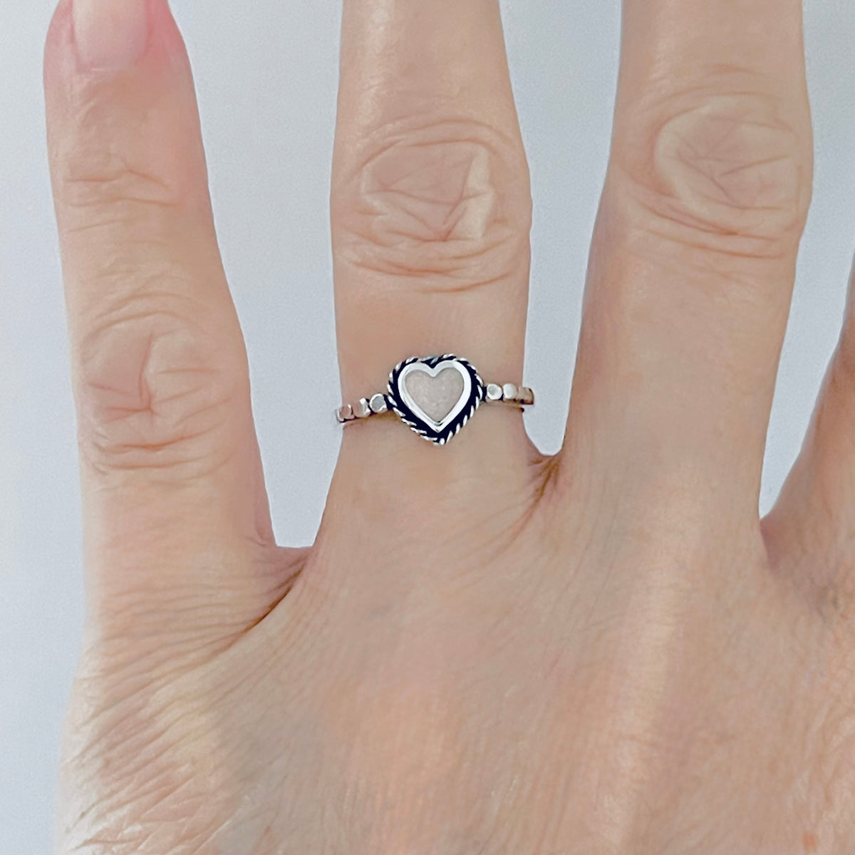 Sterling Silver Small White Lab Opal Heart Ring – Dainty October Birthstone Silver Rings