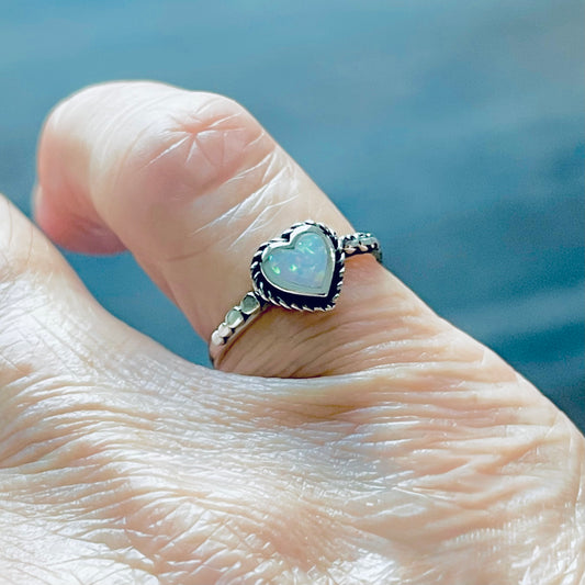 Sterling Silver Small White Lab Opal Heart Ring – Dainty October Birthstone Silver Rings
