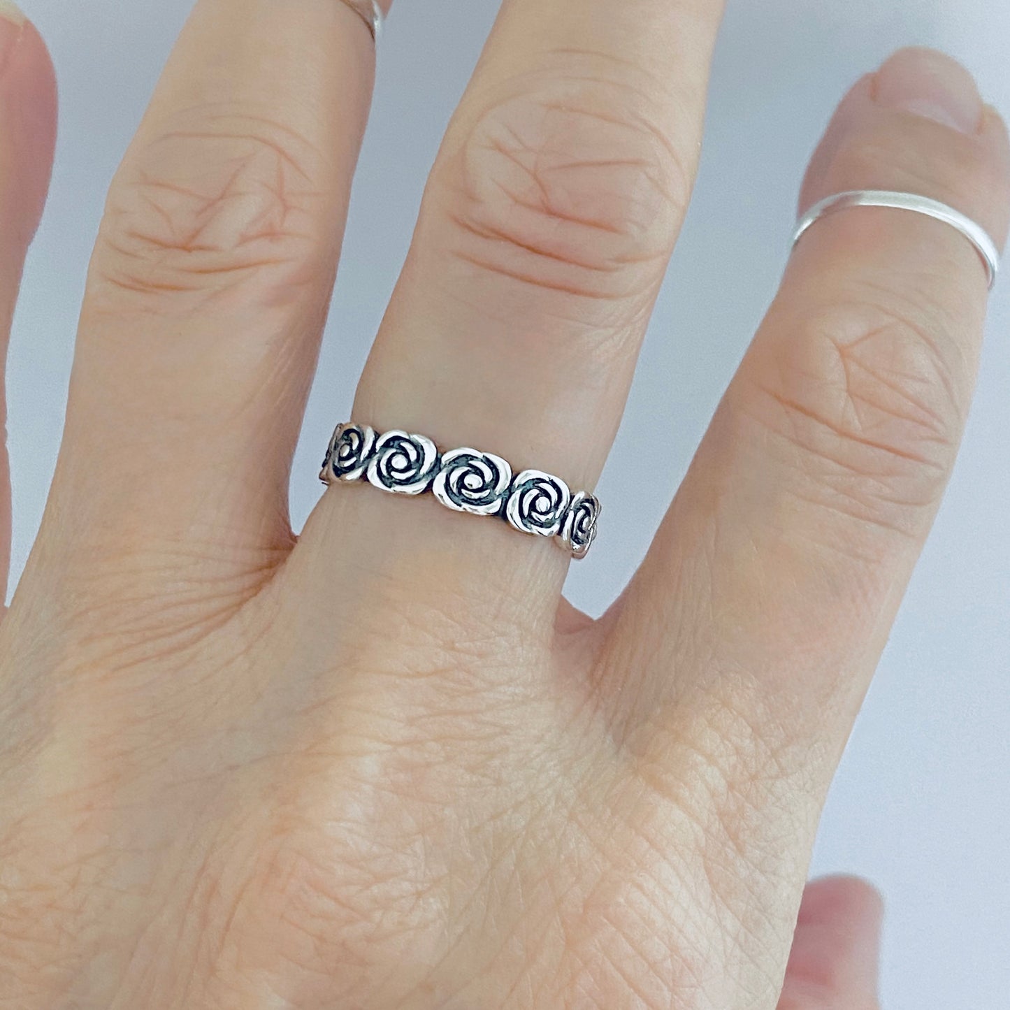 Sterling Silver Eternity Love Rose Ring, Stackable Wedding Bands, Floral Jewelry