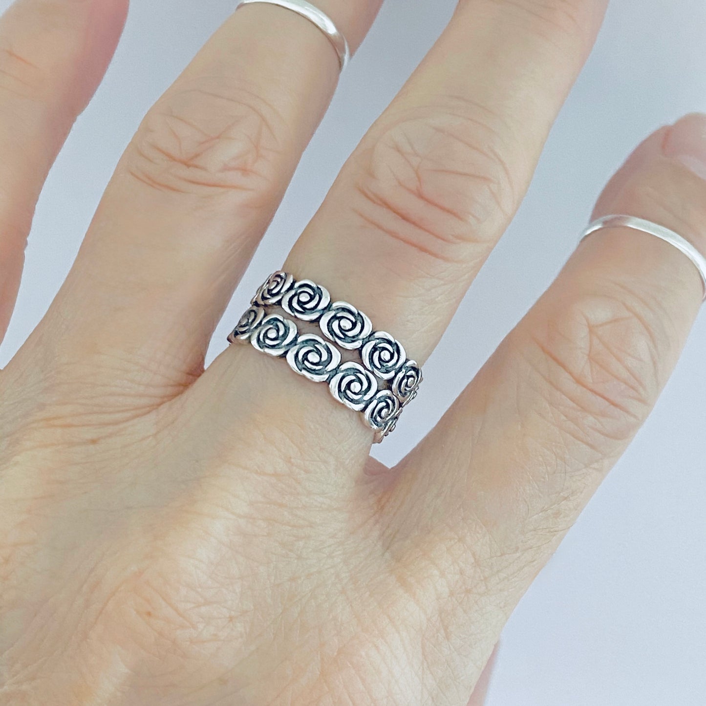 Sterling Silver Eternity Love Rose Ring, Stackable Wedding Bands, Floral Jewelry