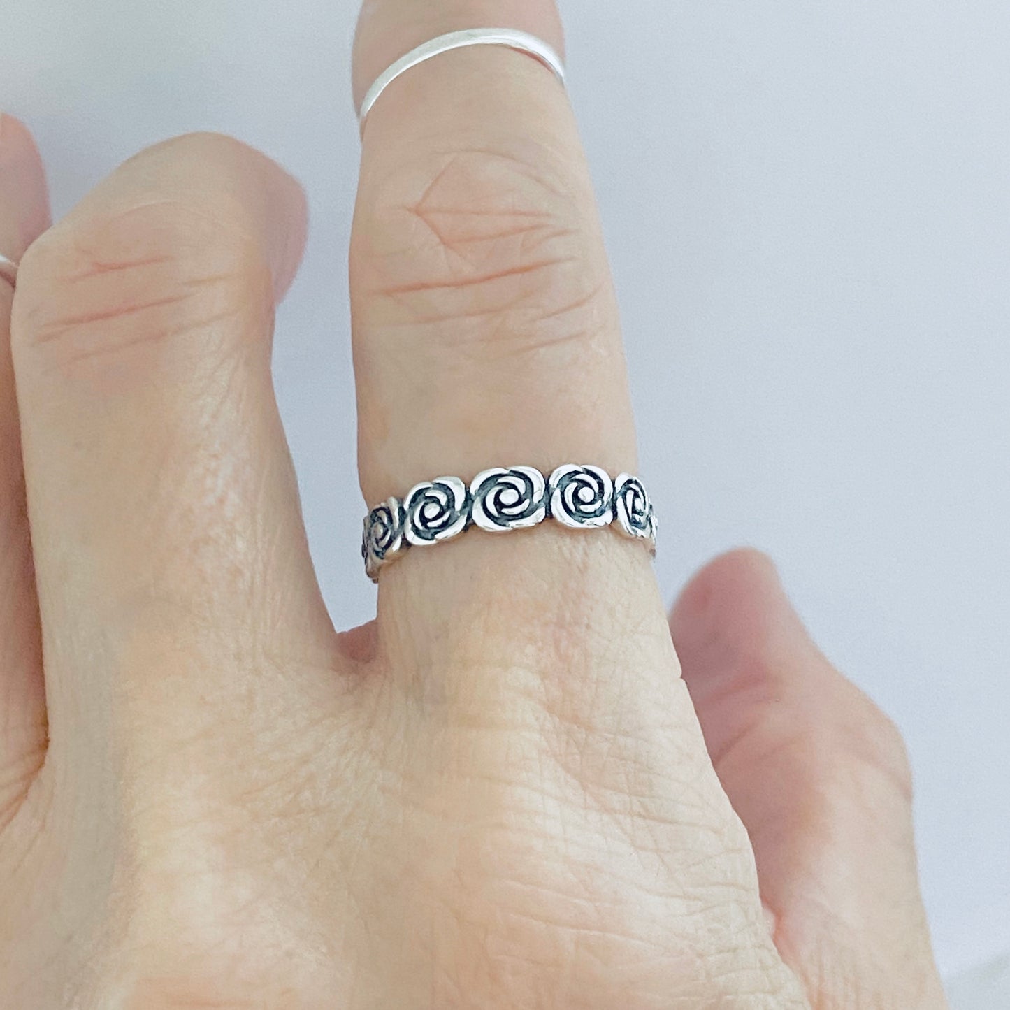 Sterling Silver Eternity Love Rose Ring, Stackable Wedding Bands, Floral Jewelry