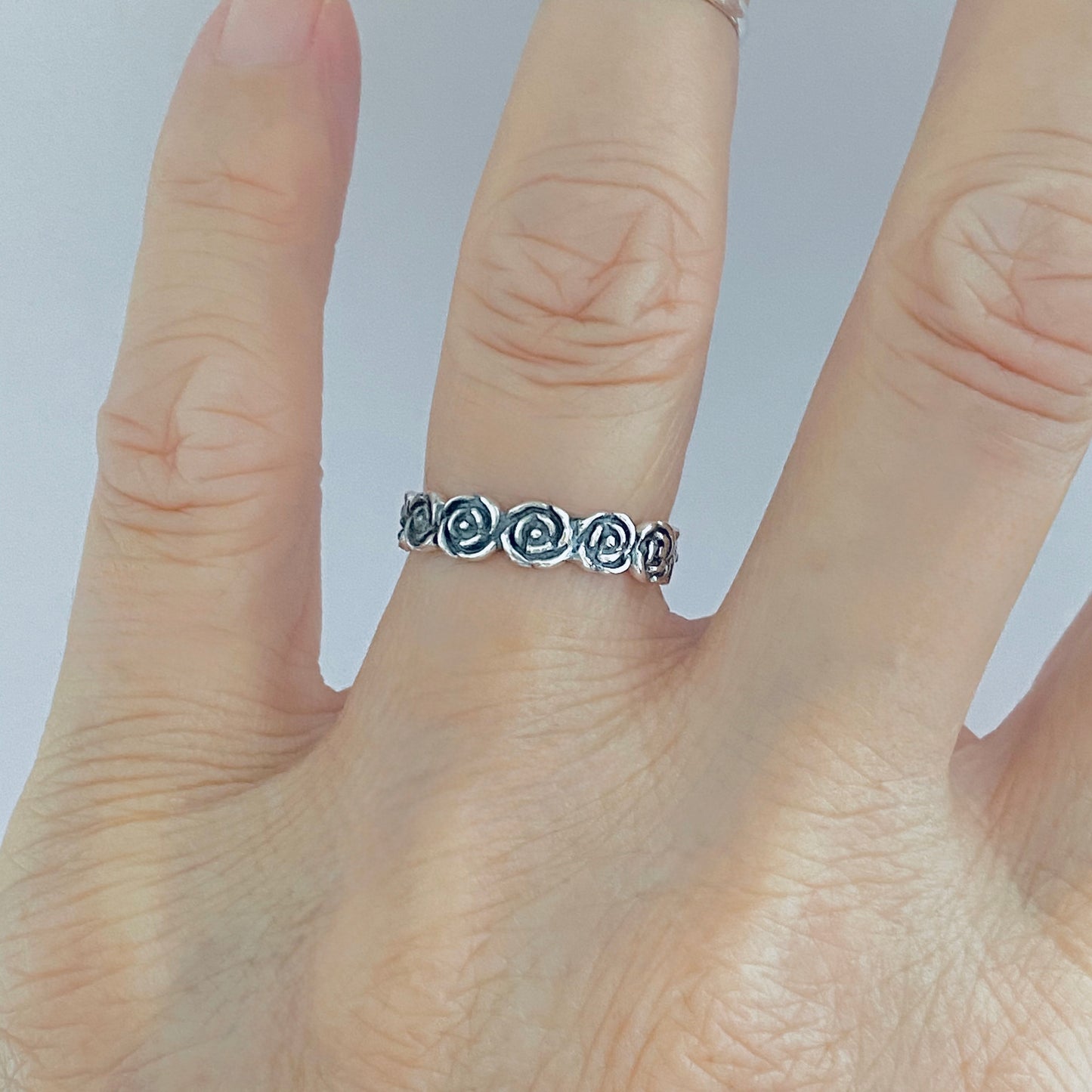 Sterling Silver Eternity Love Rose Ring, Stackable Wedding Bands, Floral Jewelry