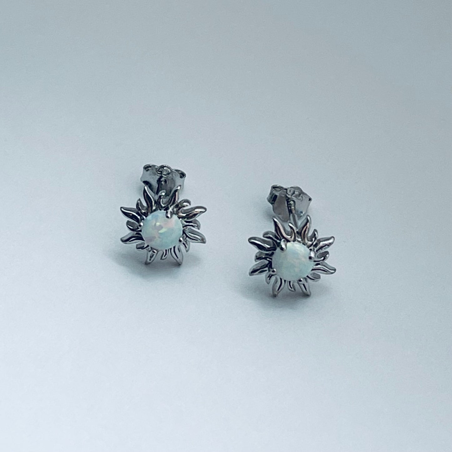 Sterling Silver white Lab Opal Blazing Sun Earring, Opal Stud Earrings