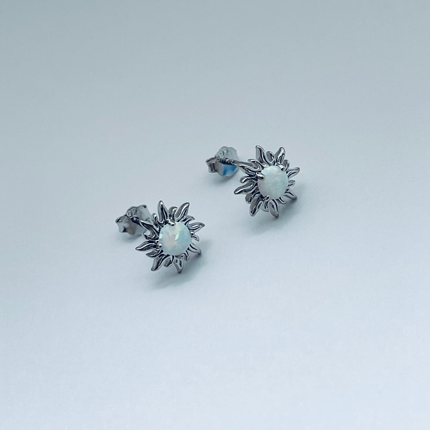 Sterling Silver white Lab Opal Blazing Sun Earring, Opal Stud Earrings