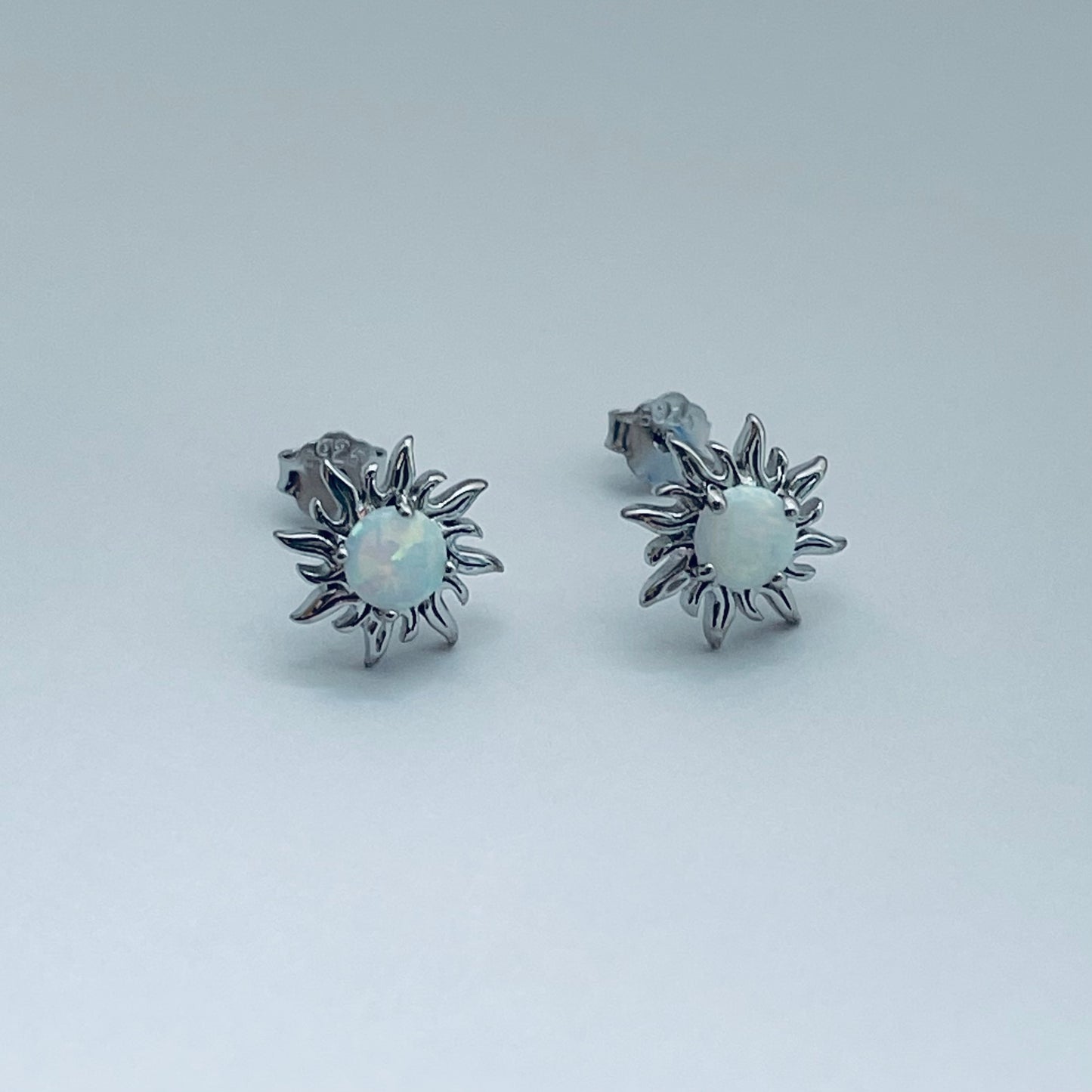 Sterling Silver white Lab Opal Blazing Sun Earring, Opal Stud Earrings