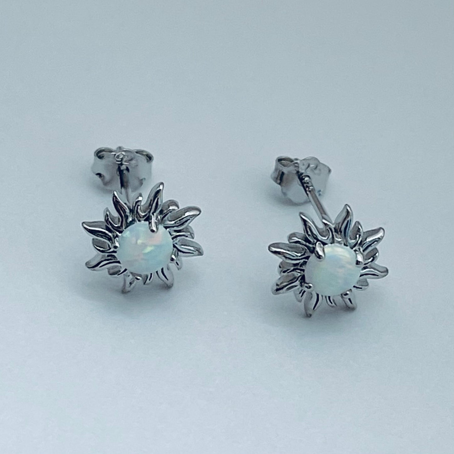 Sterling Silver white Lab Opal Blazing Sun Earring, Opal Stud Earrings