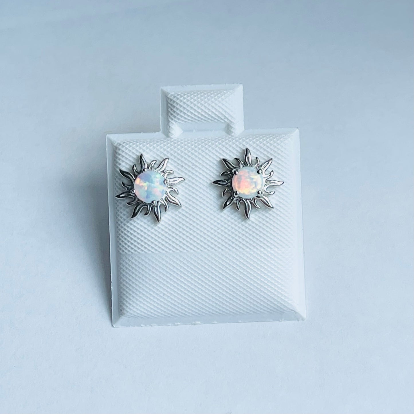 Sterling Silver white Lab Opal Blazing Sun Earring, Opal Stud Earrings