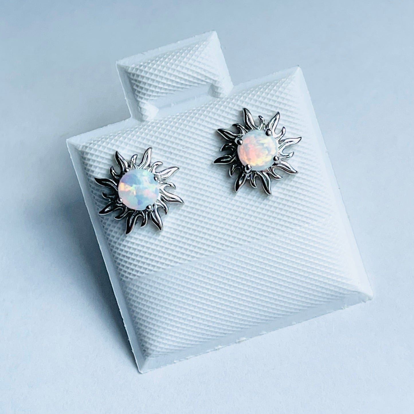 Sterling Silver white Lab Opal Blazing Sun Earring, Opal Stud Earrings