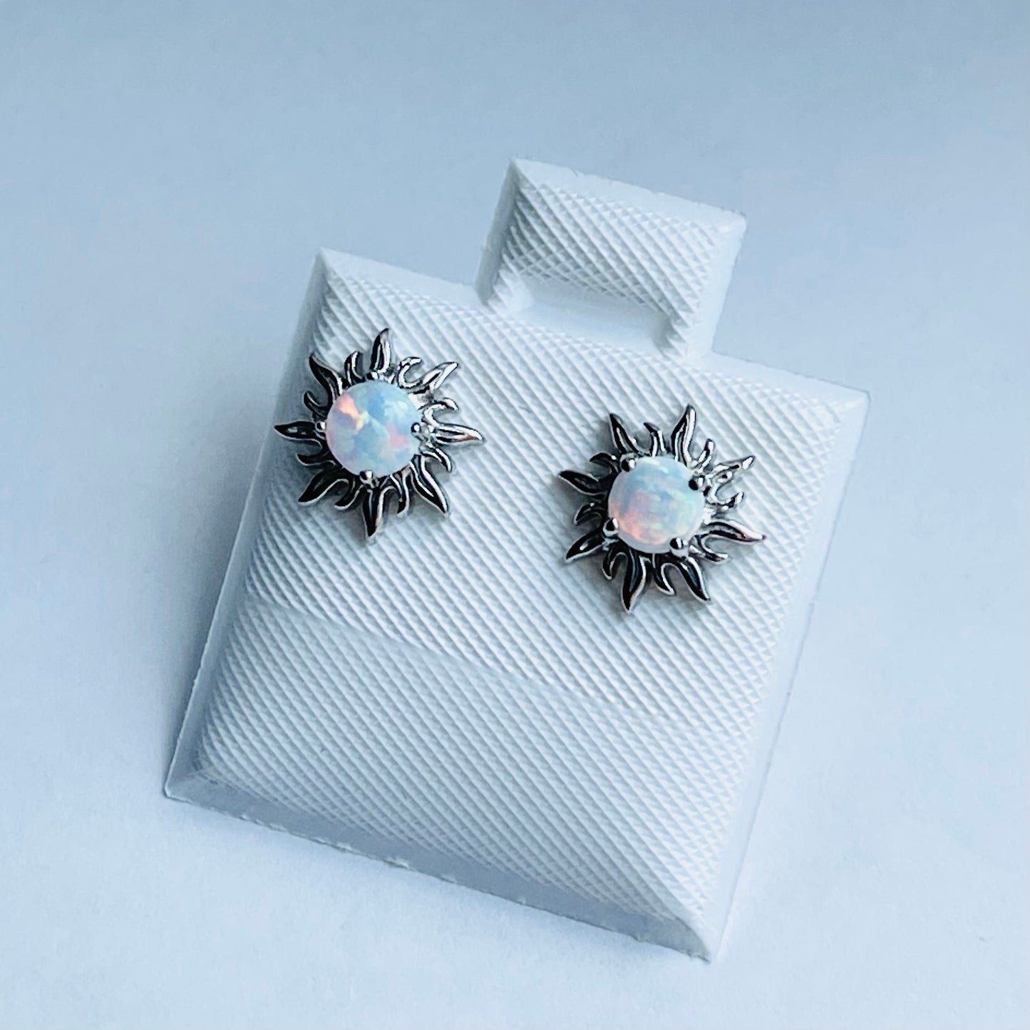 Sterling Silver white Lab Opal Blazing Sun Earring, Opal Stud Earrings