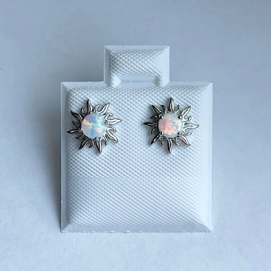 Sterling Silver white Lab Opal Blazing Sun Earring, Opal Stud Earrings