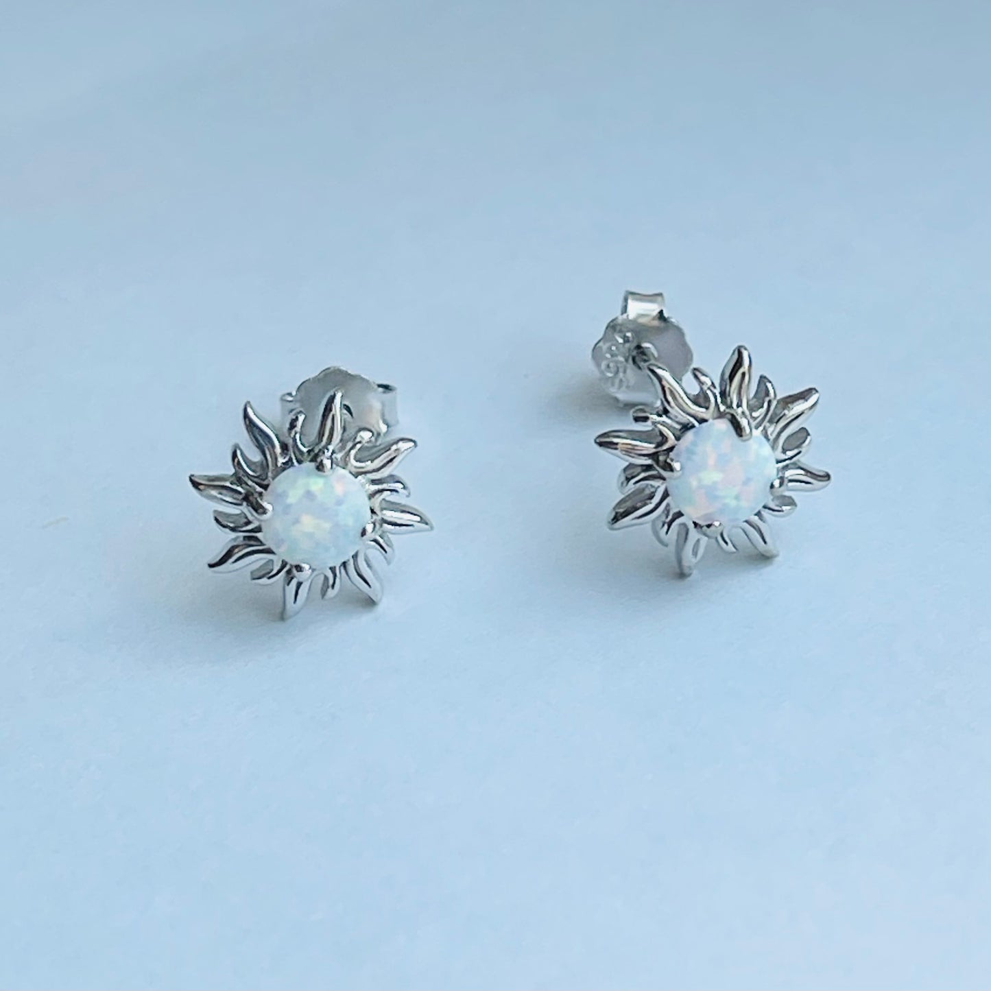 Sterling Silver white Lab Opal Blazing Sun Earring, Opal Stud Earrings