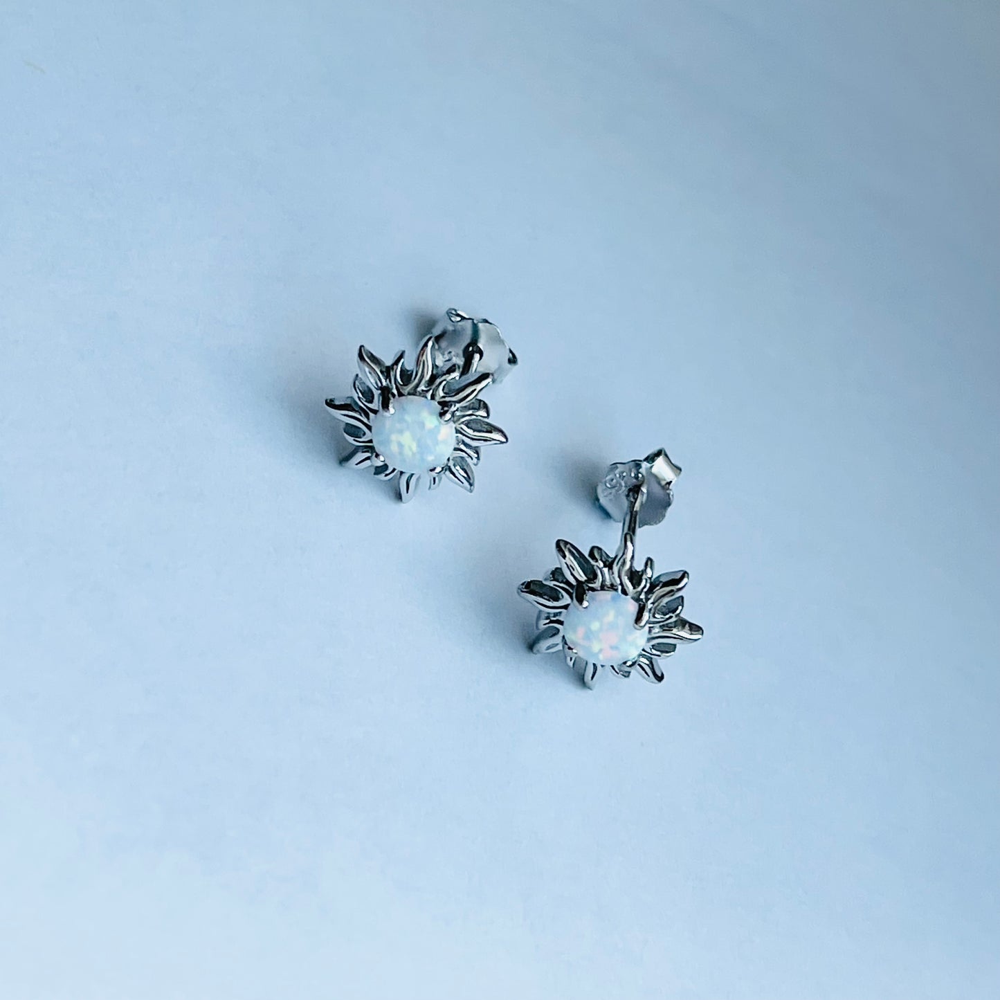 Sterling Silver white Lab Opal Blazing Sun Earring, Opal Stud Earrings