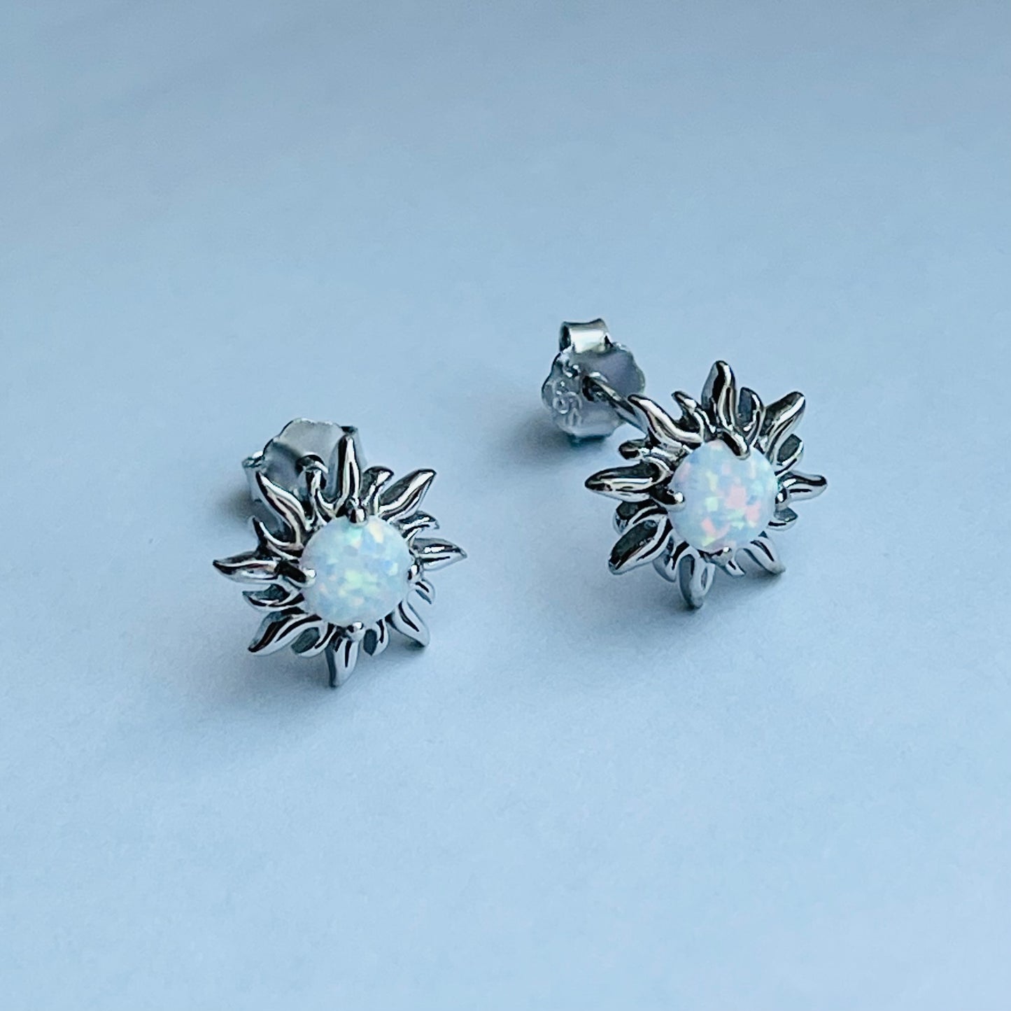 Sterling Silver white Lab Opal Blazing Sun Earring, Opal Stud Earrings