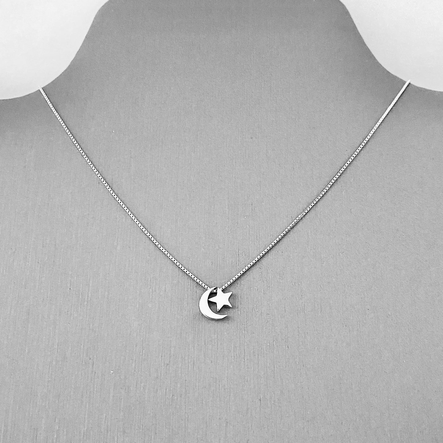 Sterling Silver Little Crescent Moon and Star Necklace, Celestial Silver Necklaces