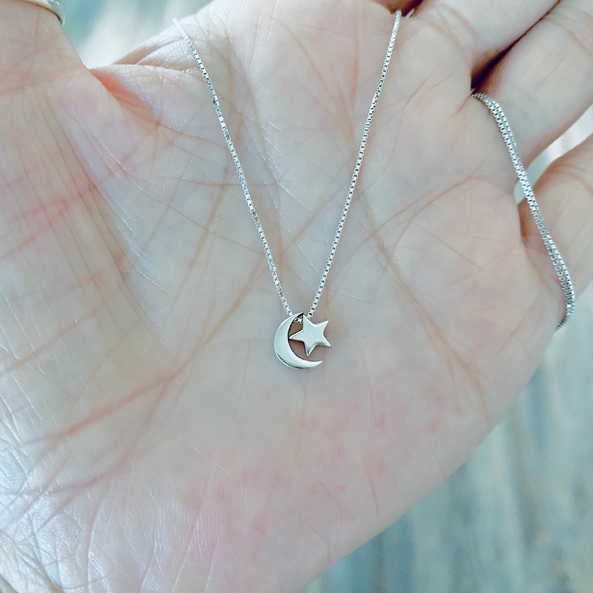 Sterling Silver Little Dainty Crescent Moon and Star Necklace, Celestial Pendant Chain