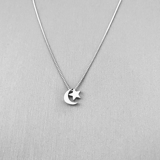 Sterling Silver Little Crescent Moon and Star Necklace, Celestial Silver Necklaces