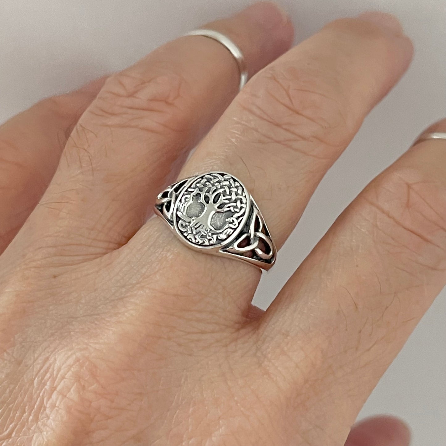 Sterling Silver Tree of Life Ring with Celtic, Fortune Trinity Rings