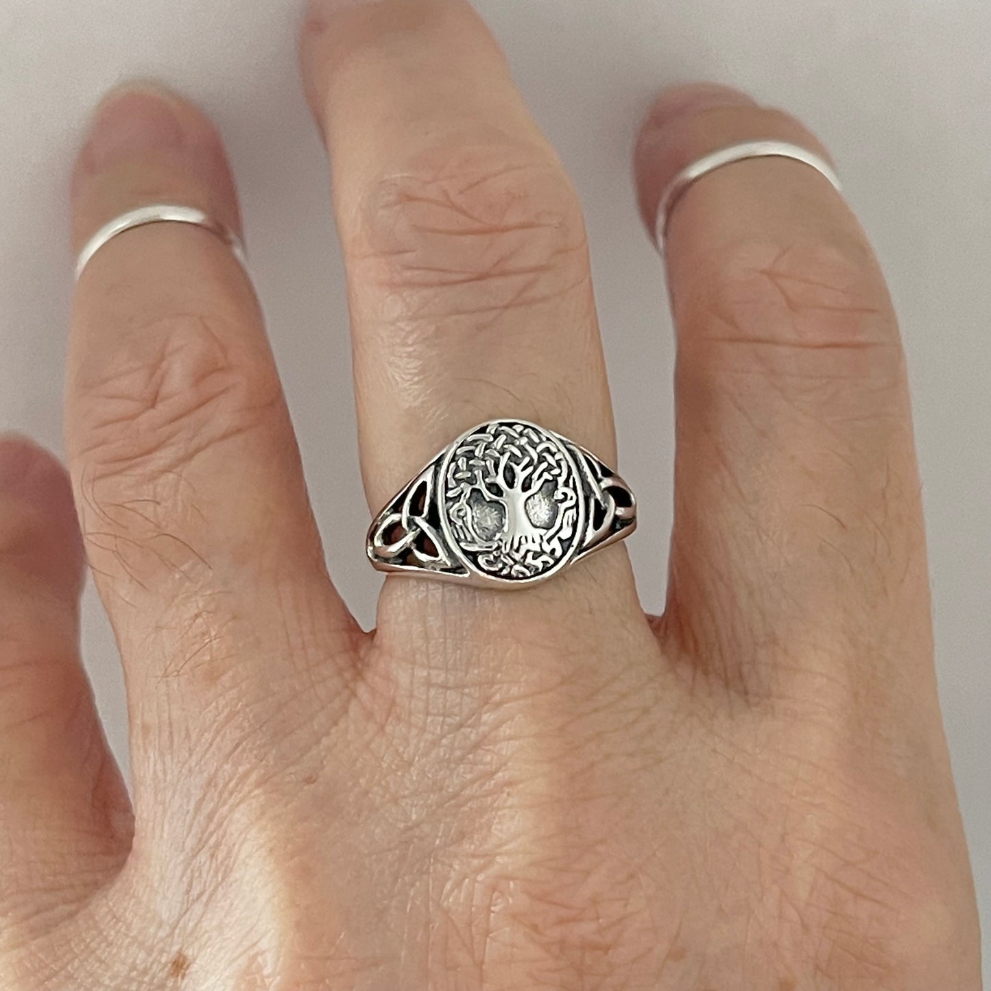 Sterling Silver Tree of Life Ring with Celtic, Fortune Trinity Rings