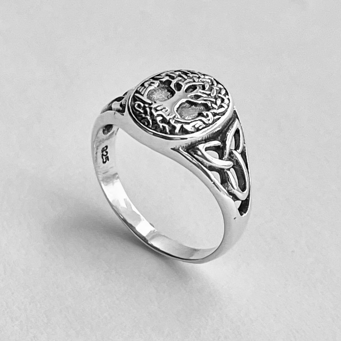 Sterling Silver Tree of Life Ring with Celtic, Fortune Trinity Rings