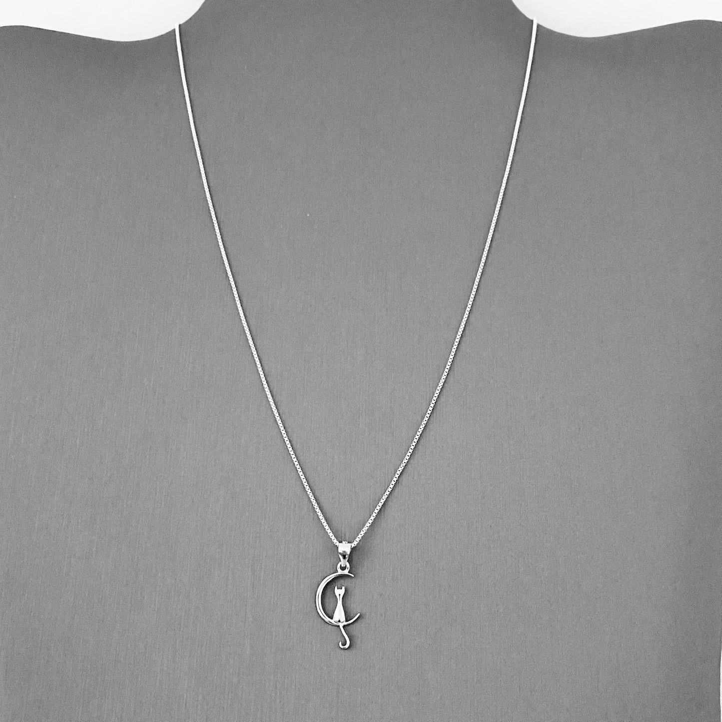 Sterling Silver Small Cat on Crescent Moon Necklace, Animal Chains, Silver Necklaces