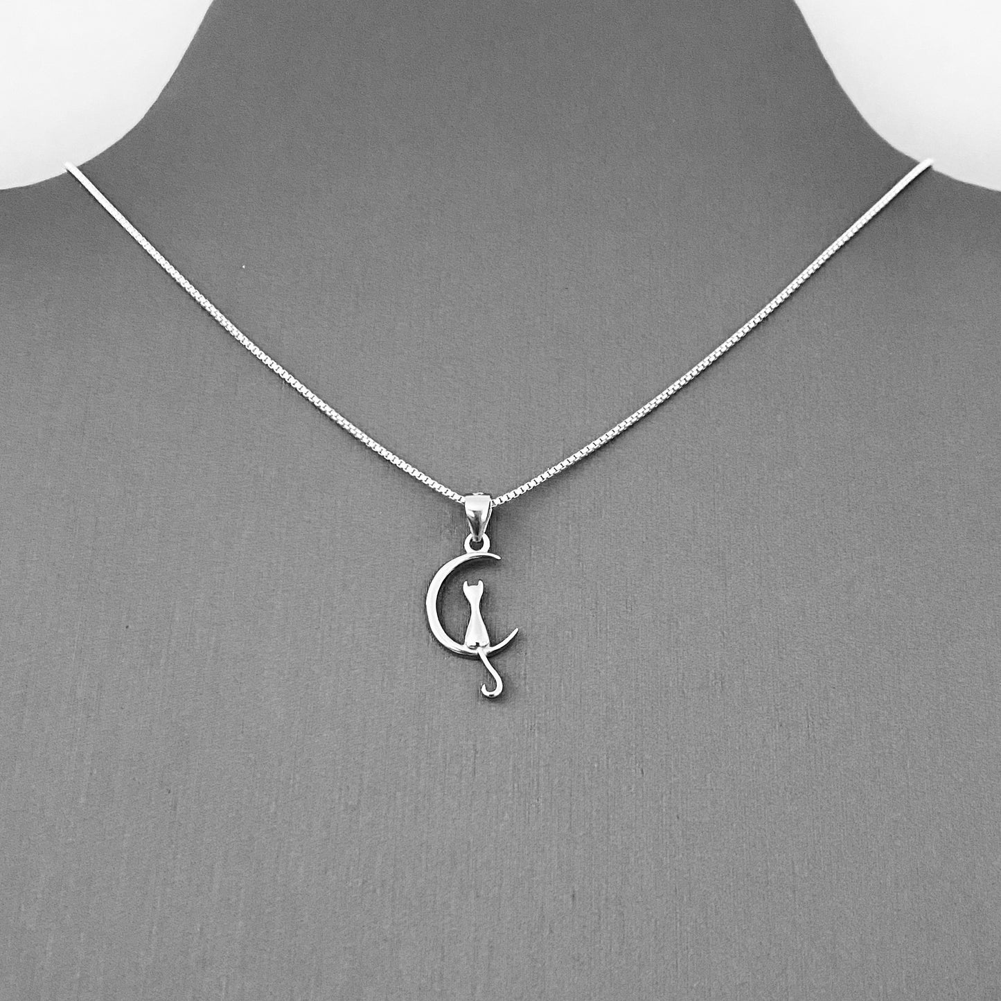 Sterling Silver Small Cat on Crescent Moon Necklace, Animal Chains, Silver Necklaces