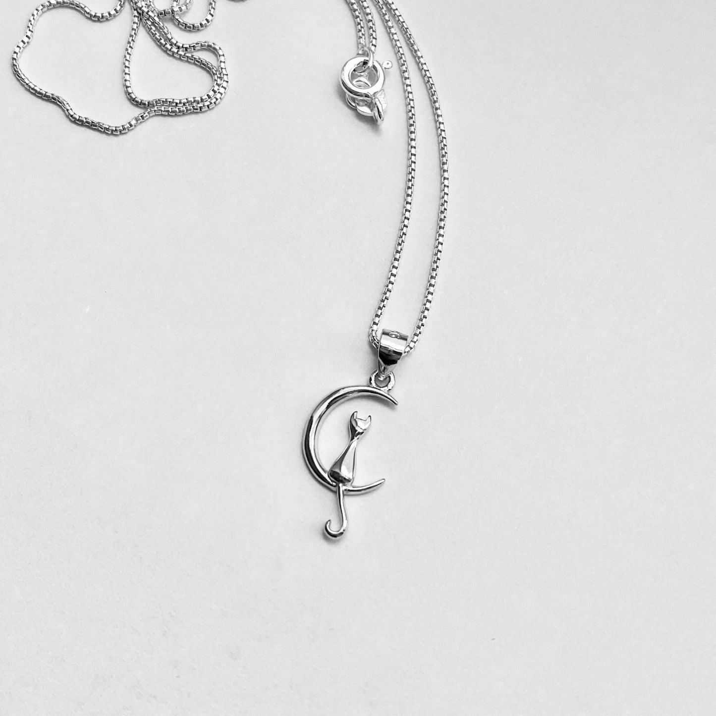 Sterling Silver Small Cat on Crescent Moon Necklace, Animal Chains, Silver Necklaces