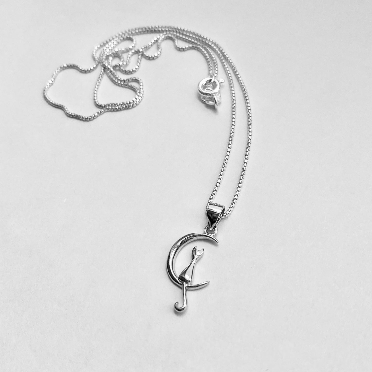 Sterling Silver Small Cat on Crescent Moon Necklace, Animal Chains, Silver Necklaces