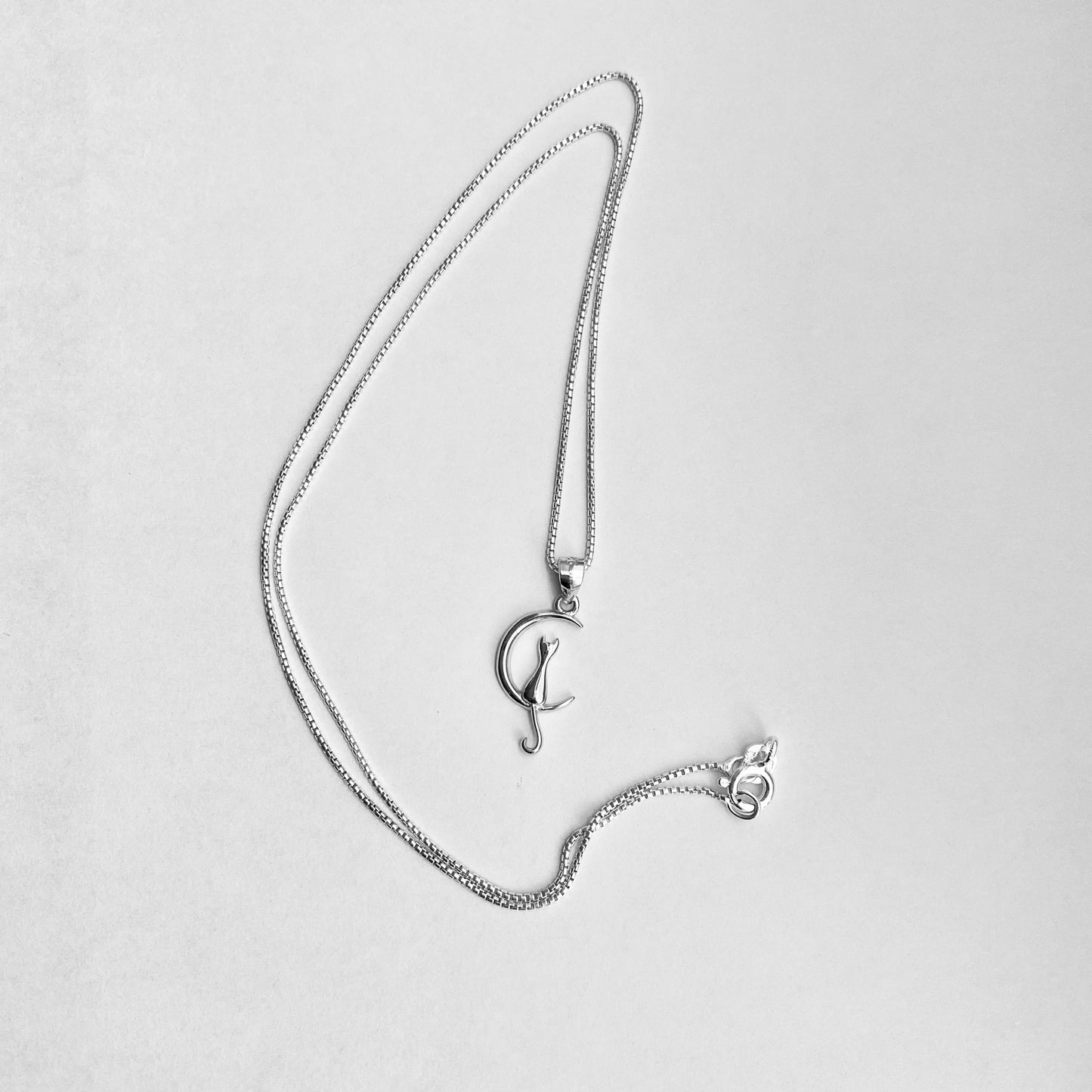 Sterling Silver Small Cat on Crescent Moon Necklace, Animal Chains, Silver Necklaces