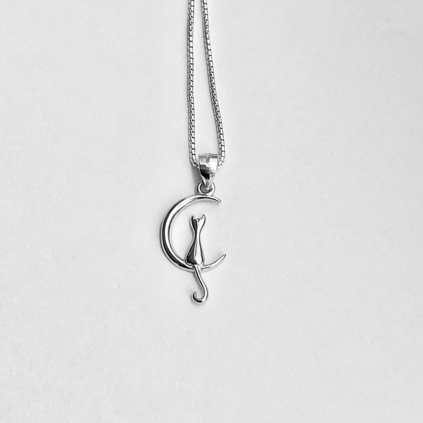 Sterling Silver Small Cat on Crescent Moon Necklace, Animal Chains, Silver Necklaces