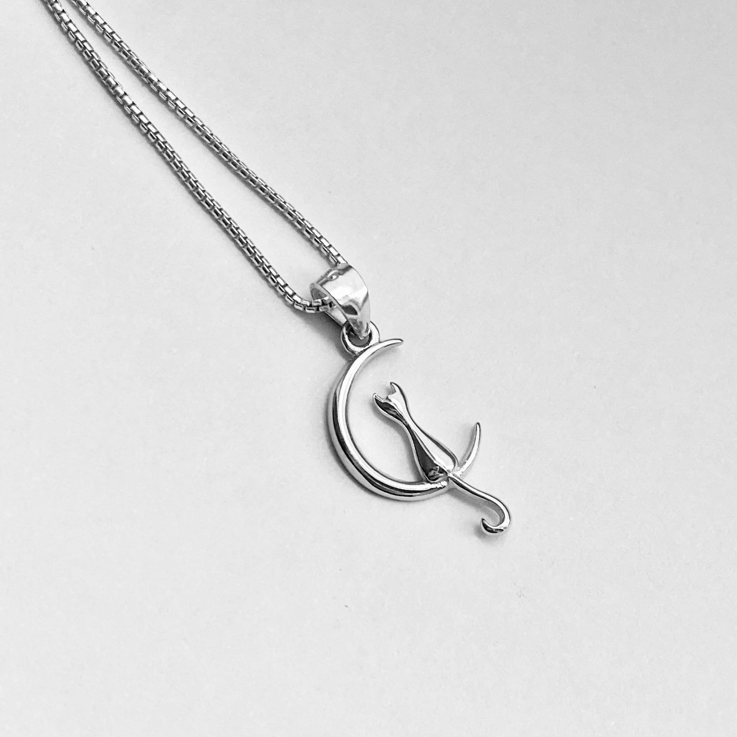 Sterling Silver Small Cat on Crescent Moon Necklace, Animal Chains, Silver Necklaces