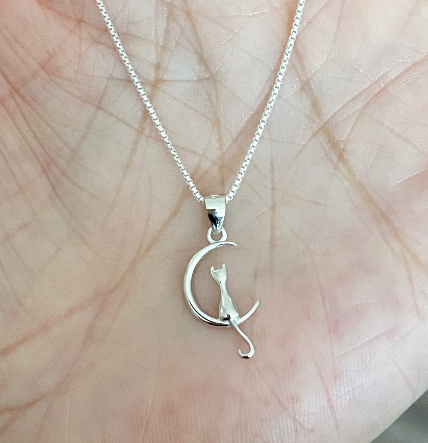 Sterling Silver Small Cat on Crescent Moon Necklace, Animal Chains, Silver Necklaces