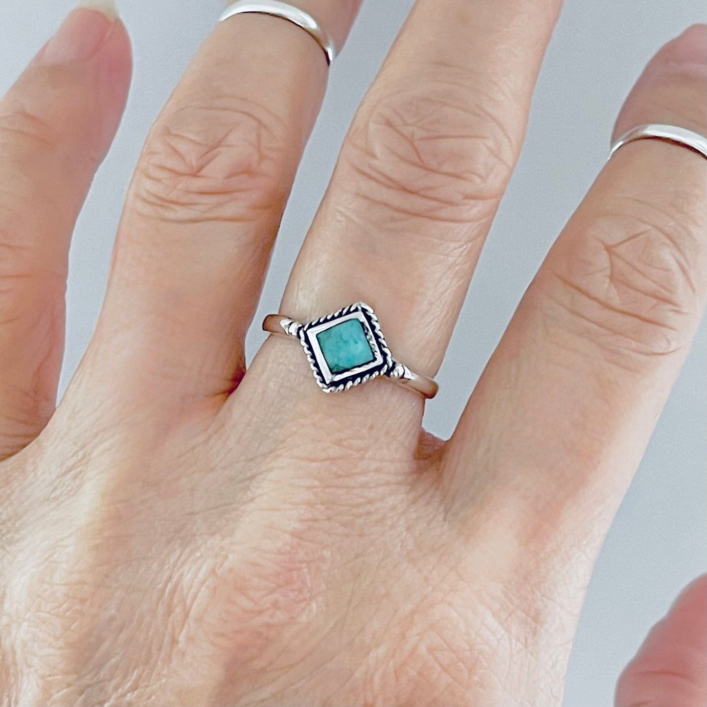 Sterling Silver Small Diamond Shape Genuine Turquoise Ring with Braid, Dainty Stone Jewelry