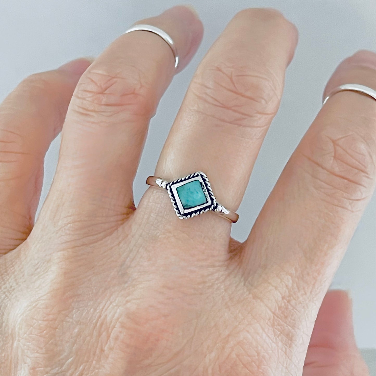 Sterling Silver Small Diamond Shape Genuine Turquoise Ring with Braid, Dainty Stone Jewelry