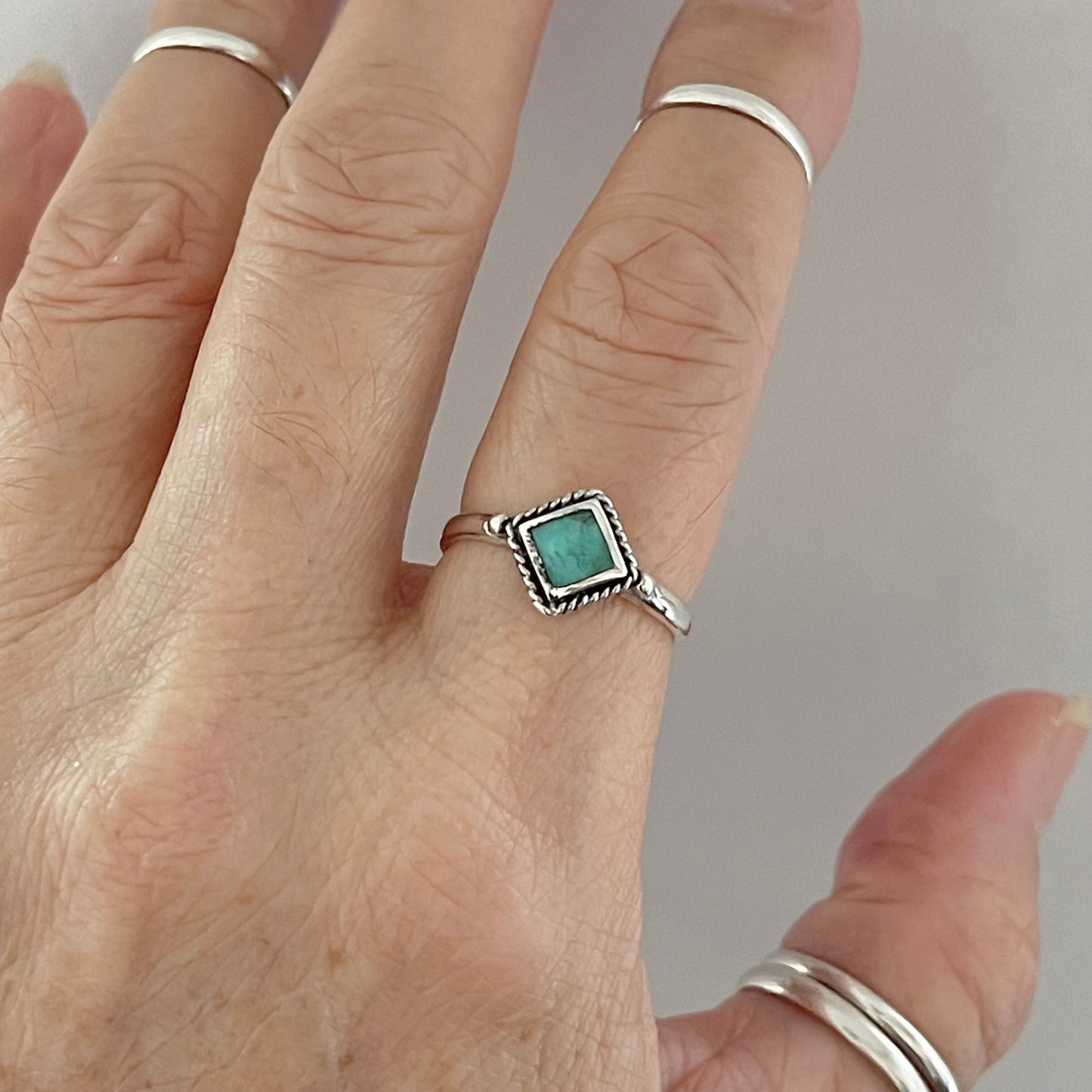 Sterling Silver Small Diamond Shape Genuine Turquoise Ring with Braid, Silver Stone Rings