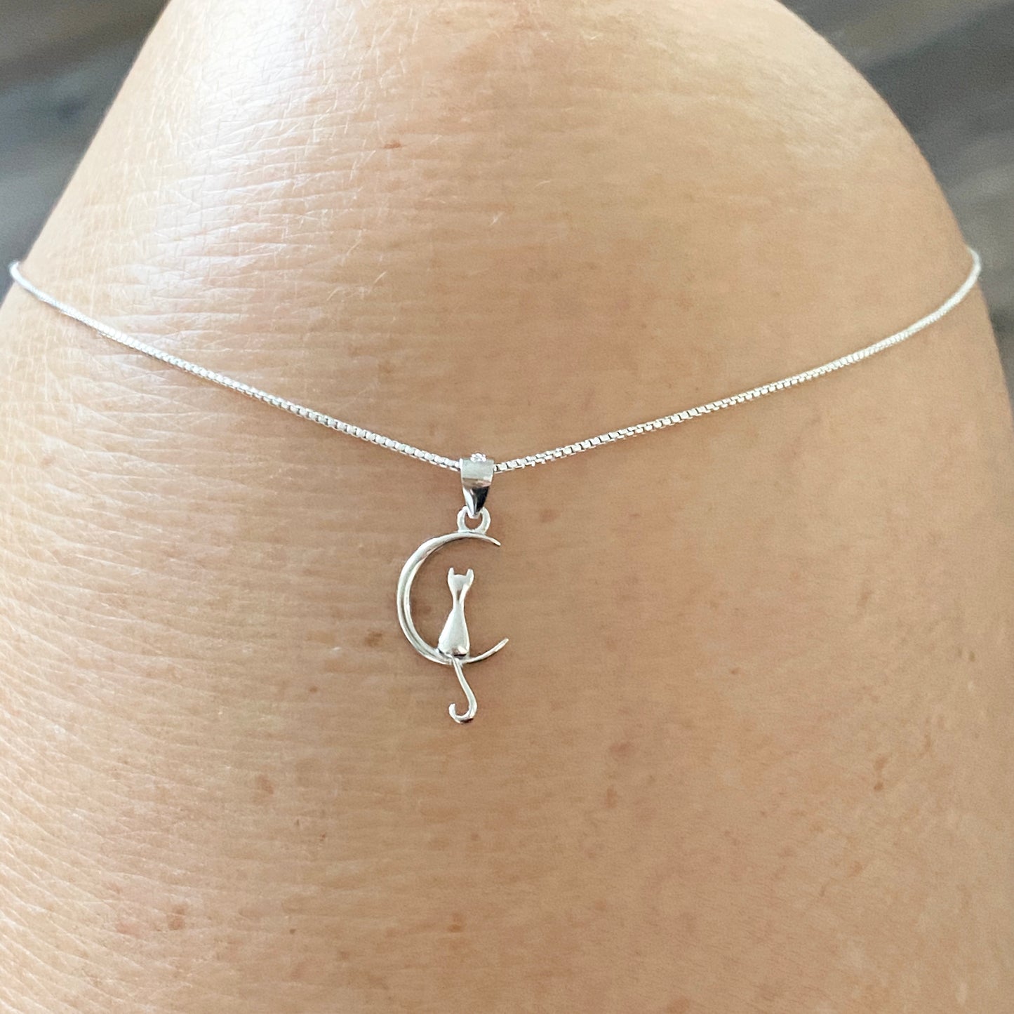 Sterling Silver Small Cat on Crescent Moon Necklace, Animal Chains, Silver Necklaces