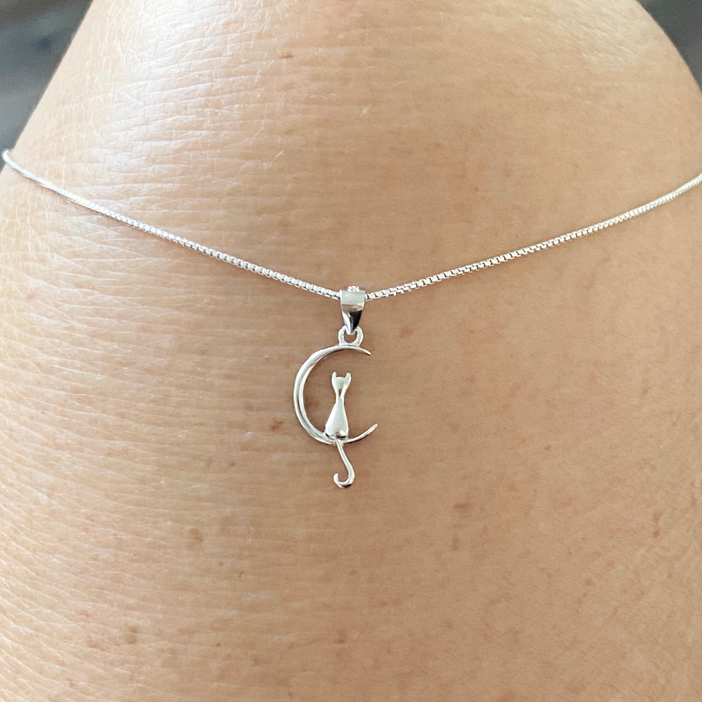 Sterling Silver Small Cat on Crescent Moon Necklace, Animal Chains, Silver Necklaces