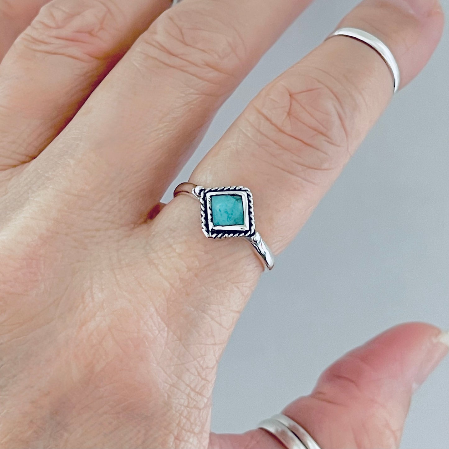 Sterling Silver Small Diamond Shape Genuine Turquoise Ring with Braid, Dainty Stone Jewelry