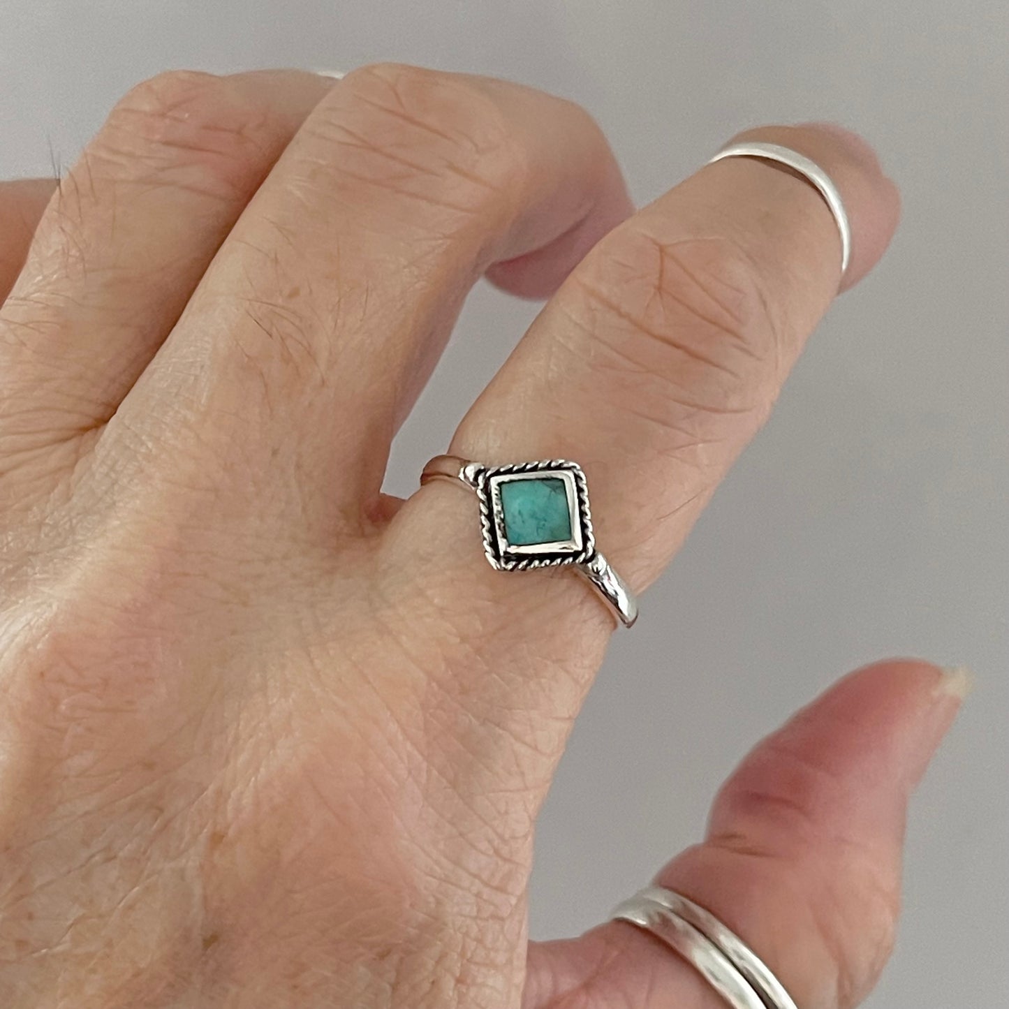 Sterling Silver Small Diamond Shape Genuine Turquoise Ring with Braid, Silver Stone Rings