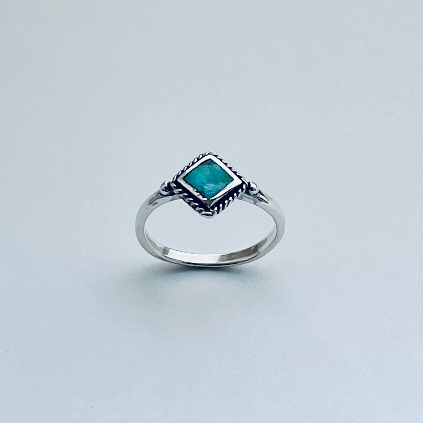 Sterling Silver Small Diamond Shape Genuine Turquoise Ring with Braid, Silver Stone Rings