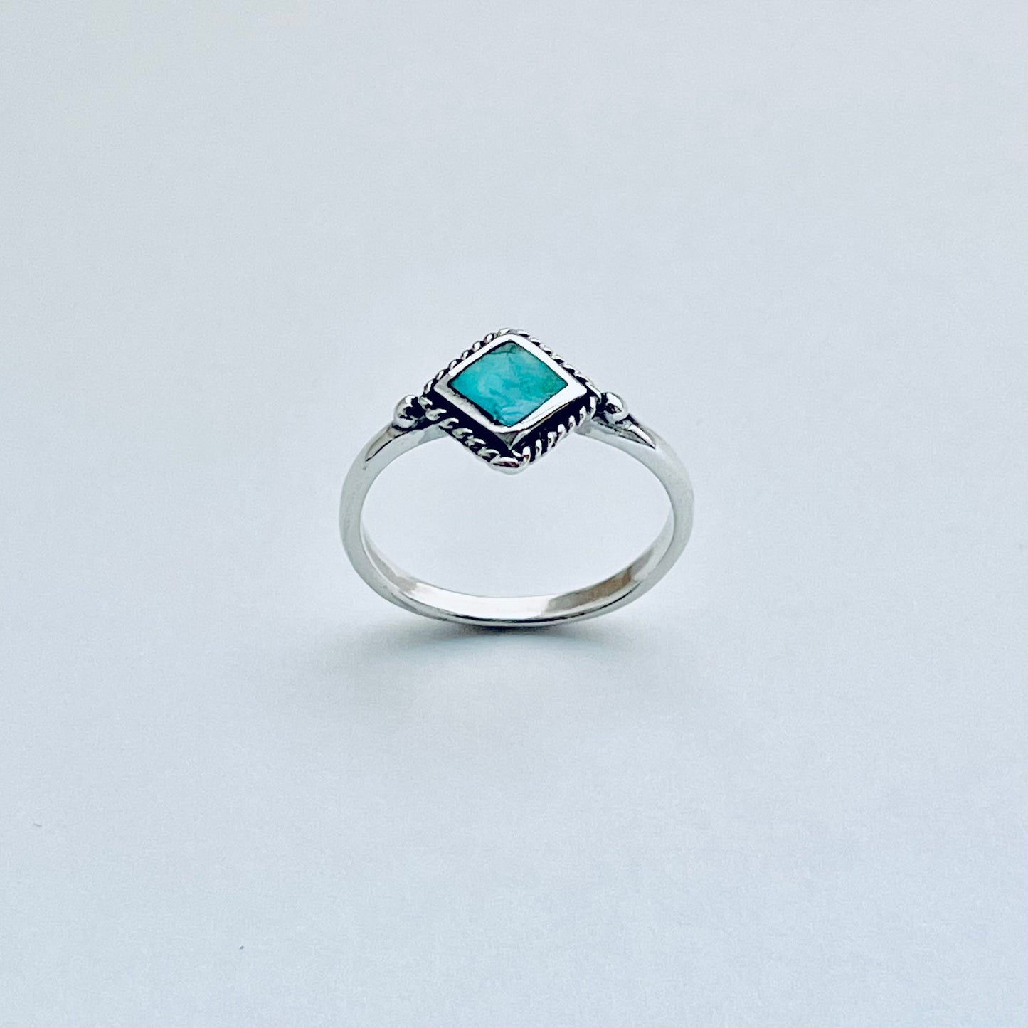 Sterling Silver Small Diamond Shape Genuine Turquoise Ring with Braid, Dainty Stone Jewelry