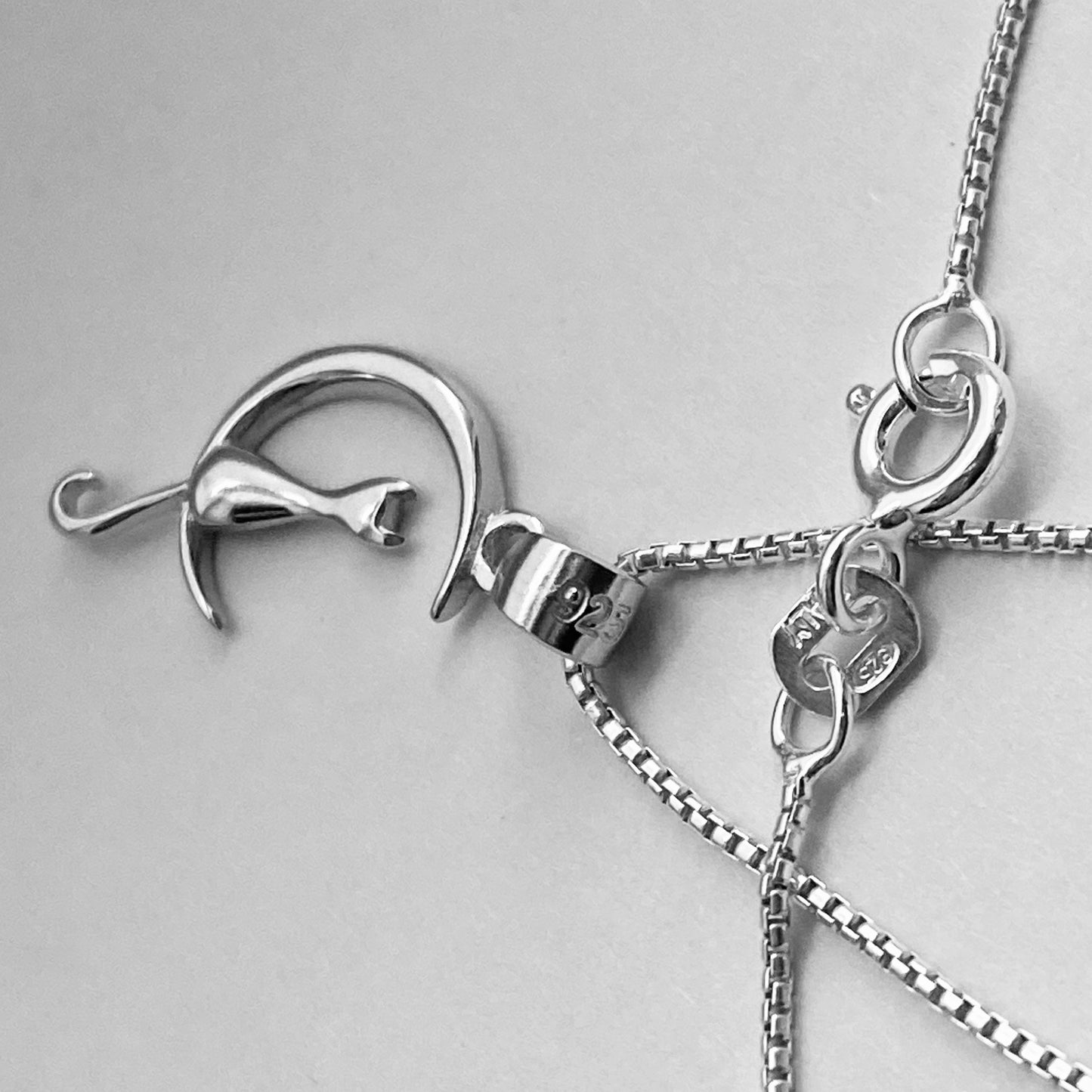 Sterling Silver Small Cat on Crescent Moon Necklace, Animal Chains, Silver Necklaces