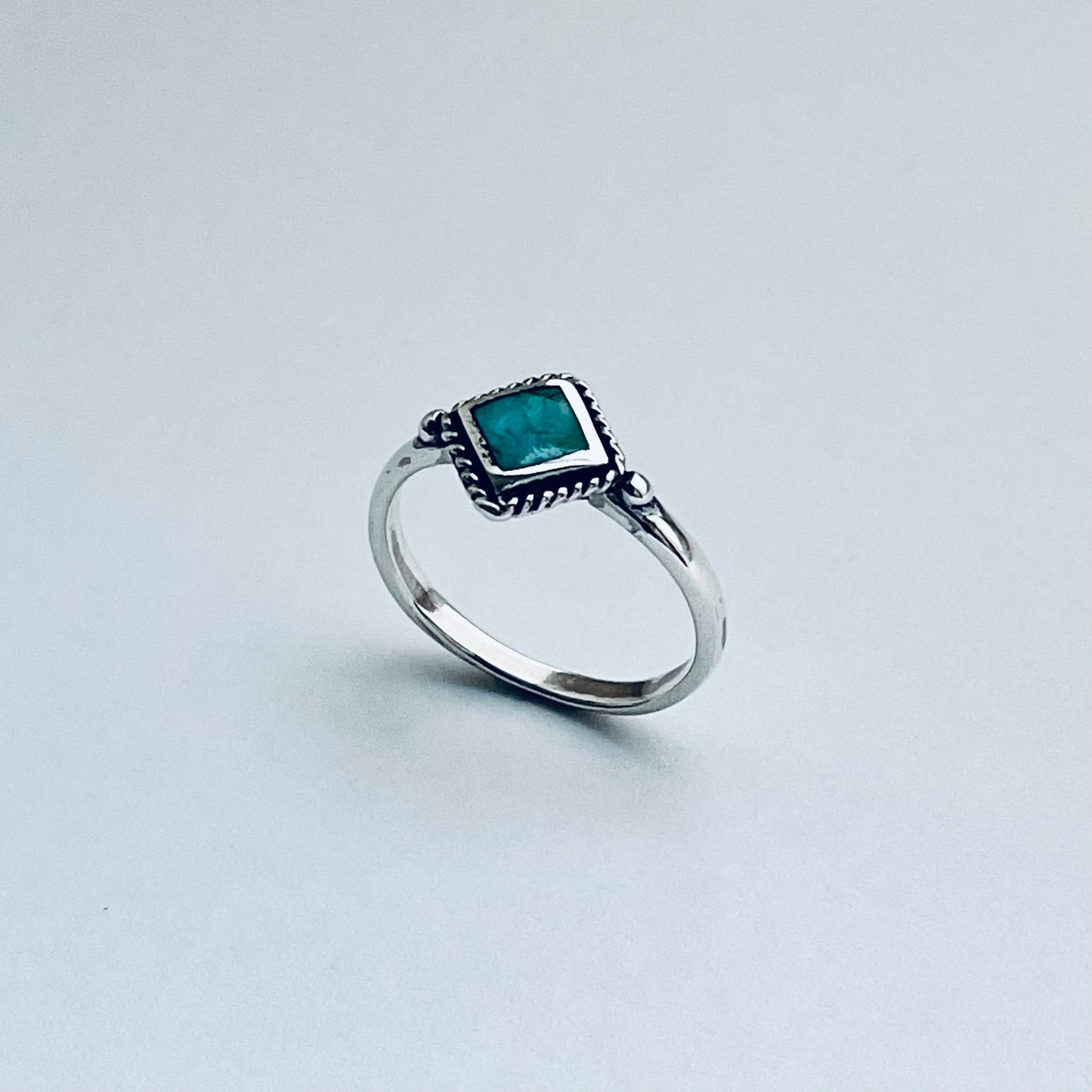 Sterling Silver Small Diamond Shape Genuine Turquoise Ring with Braid, Silver Stone Rings