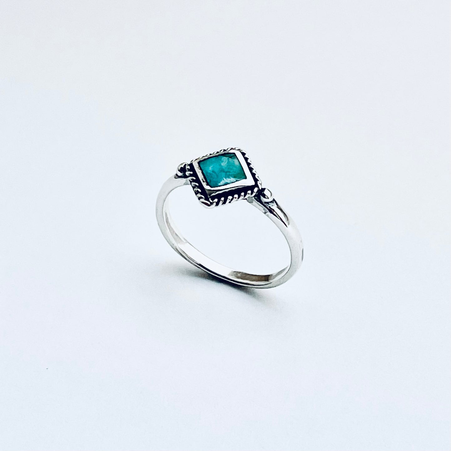 Sterling Silver Small Diamond Shape Genuine Turquoise Ring with Braid, Dainty Stone Jewelry