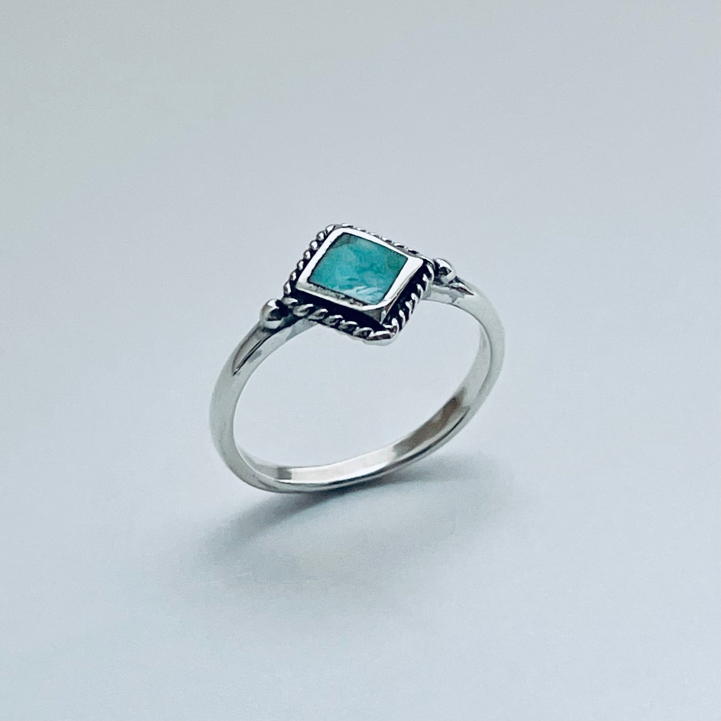 Sterling Silver Small Diamond Shape Genuine Turquoise Ring with Braid, Silver Stone Rings