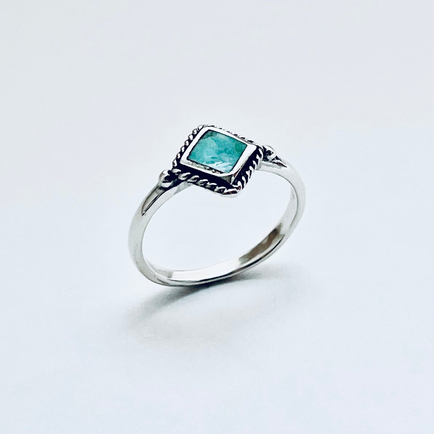 Sterling Silver Small Diamond Shape Genuine Turquoise Ring with Braid, Dainty Stone Jewelry