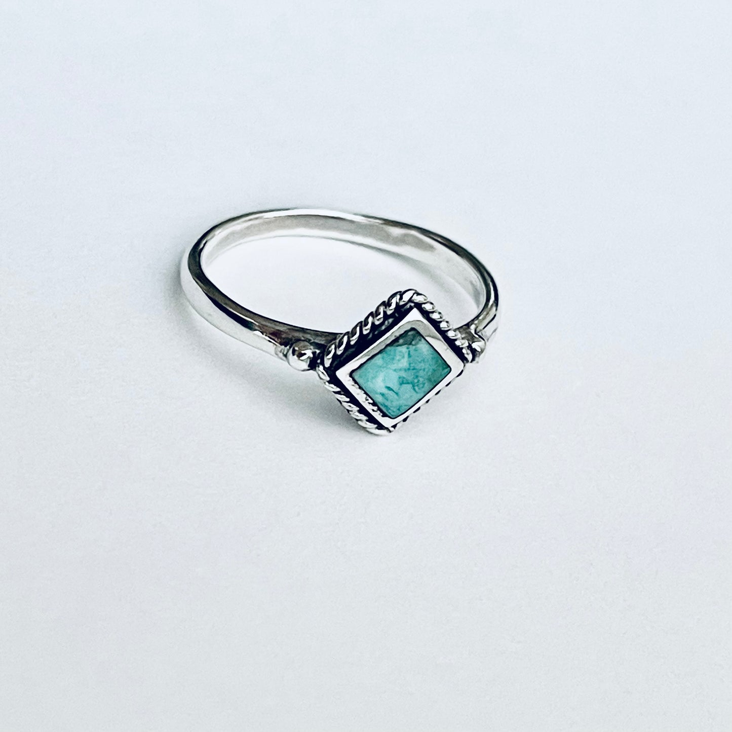 Sterling Silver Small Diamond Shape Genuine Turquoise Ring with Braid, Dainty Stone Jewelry
